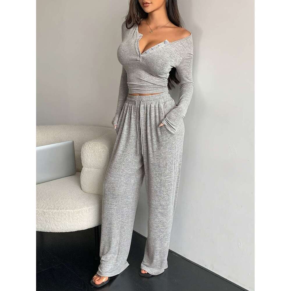 2025 European American Cross-Border Trade Autumn Sleeve Button-Up Solid Color Tight Top And Long Pants Two-Piece Set For Women 729C 79bb - view 8