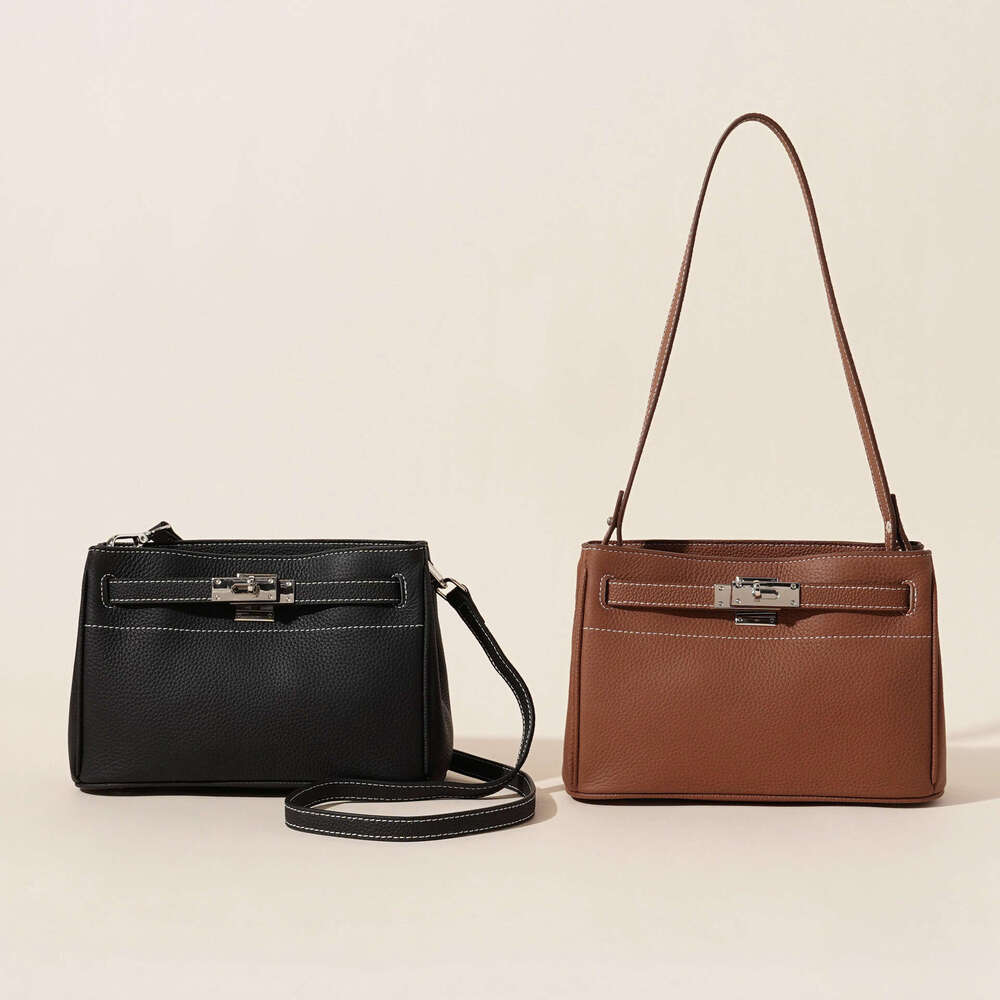 Top Layer Cowhide High-End New Vintage Lock Underarm Genuine Leather Shoulder Handbag Crossbody Bag