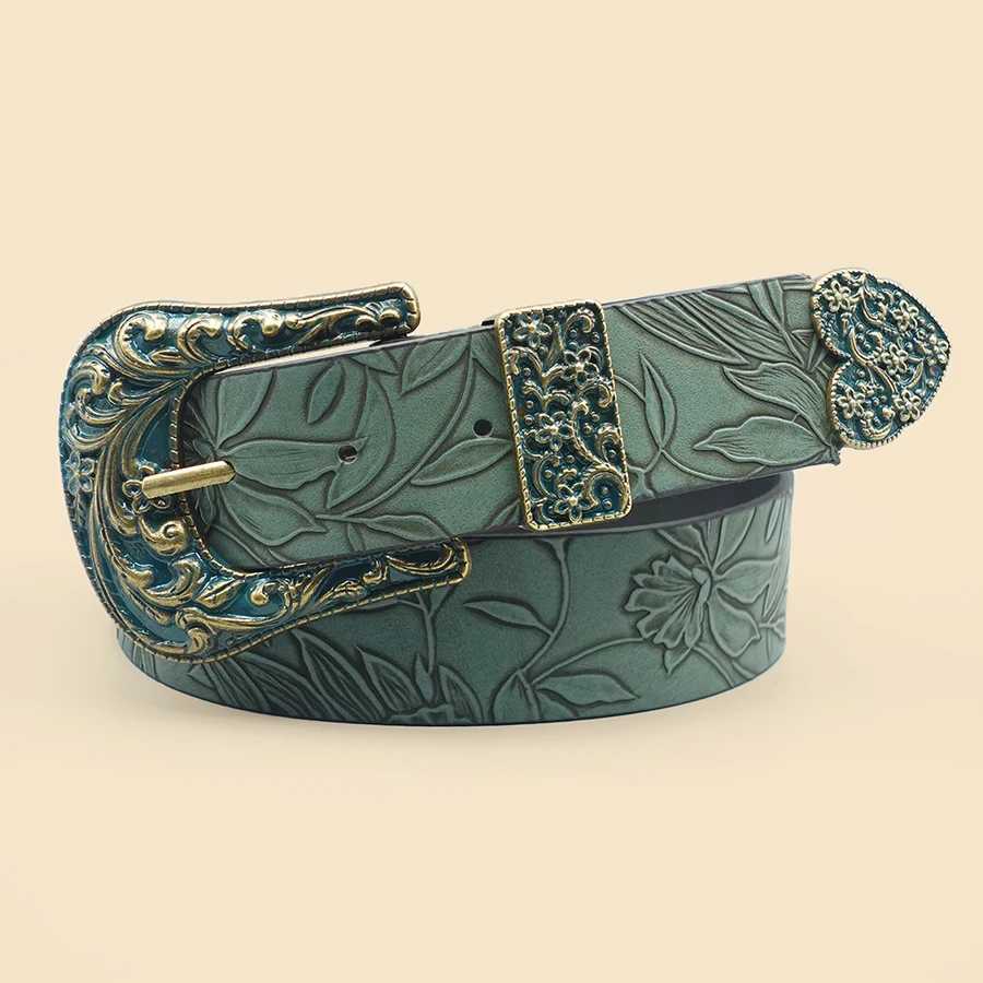 Vintage Dark Color Carved Womens Belt with Leaf Print Versatile for Autumn and Winter Casual Belt Daily Commuting DecorationW251030