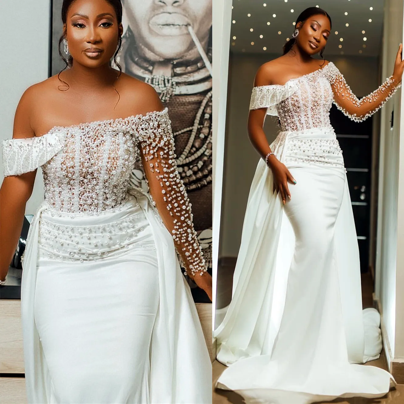 White Mermaid Wedding Dresses Plus Size Pearls Full Sleeves Satin Elegant Bridal Gowns Dresses Vestidos De Novia