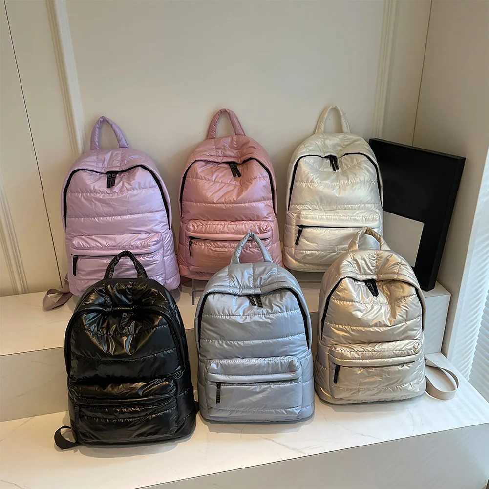 Winter Puffer Students School Bags Large Capacity Down Padded Backpack Solid Color Casual Bookbag Adjustable Strap Teen Rucksack W251031