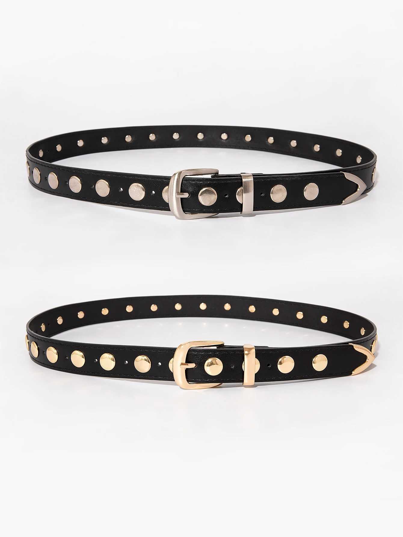 Womens gold and silver punk y2k round rivet pin buckle belt for jeans a versatile decorative belt suitable for daily travelW251030