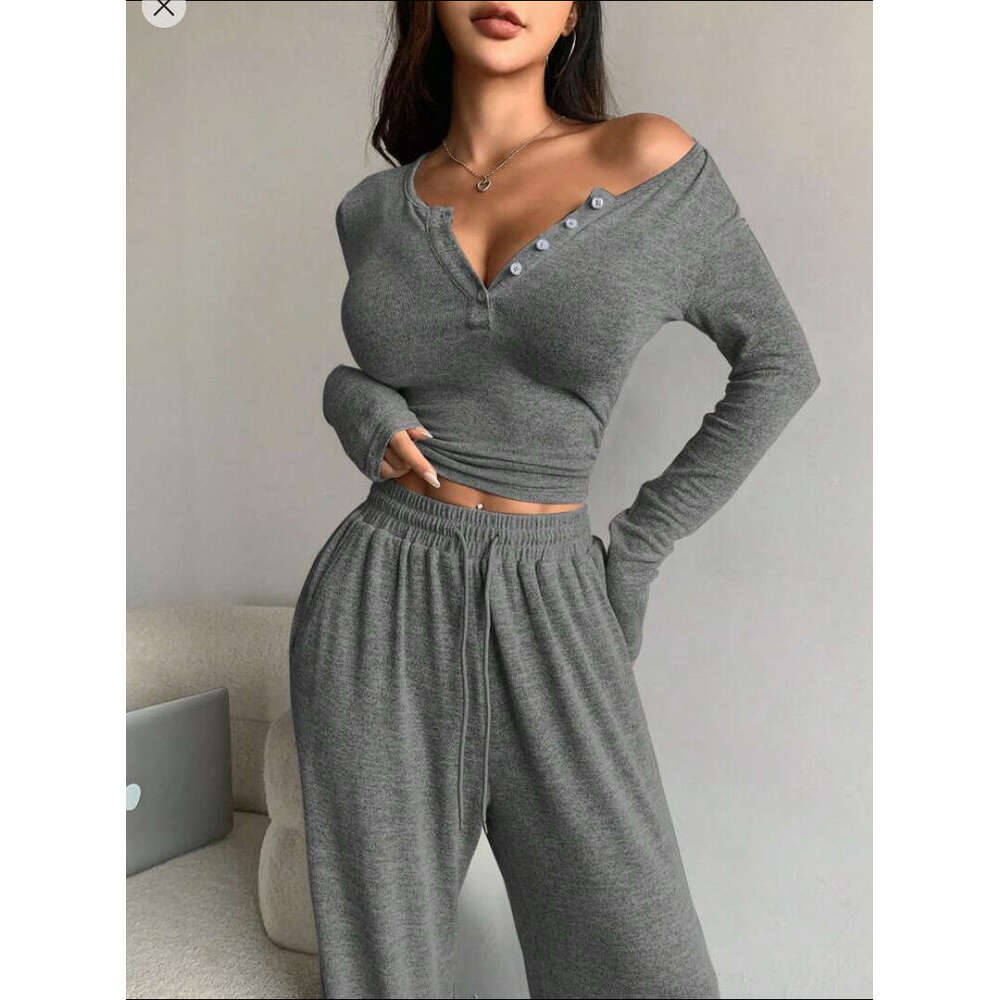 2025 European American Cross-Border Trade Autumn Sleeve Button-Up Solid Color Tight Top And Long Pants Two-Piece Set For Women 729C 79bb - view 9