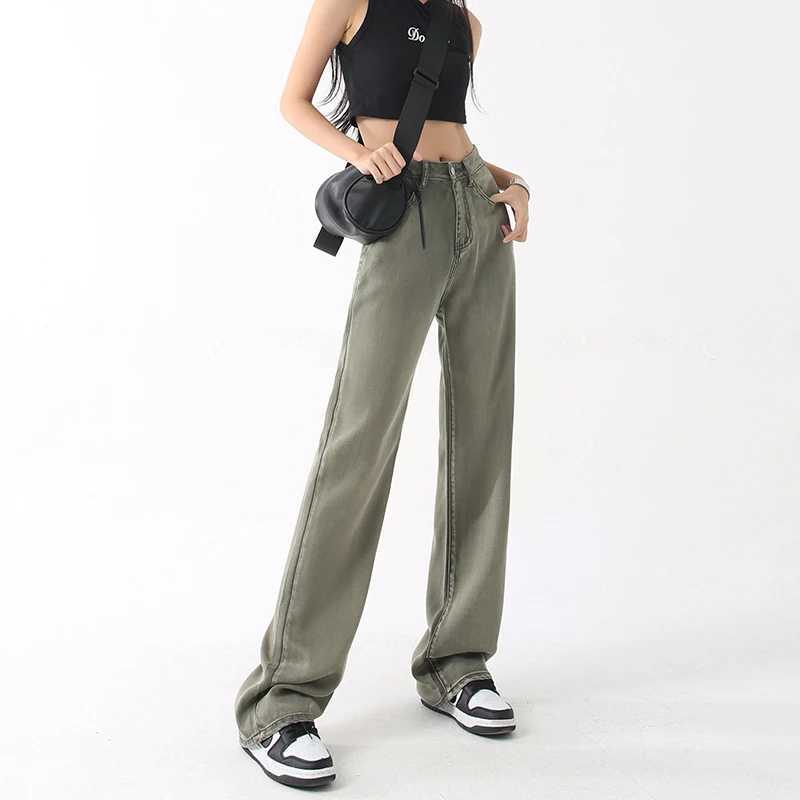 Lyocell High Waisted Thin Jeans Women Clothing Straight Tube Wide Leg Denim Pants Retro Streetwear Jean Trousers Lengthening J251031