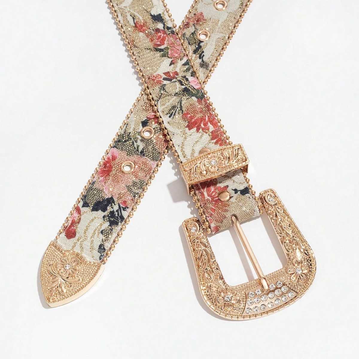 Womens Light Luxury and Elegant Carved Metal Buckle Multicolor Maple Leaf Glitter Print Beaded Edge Belt for JeansW251030