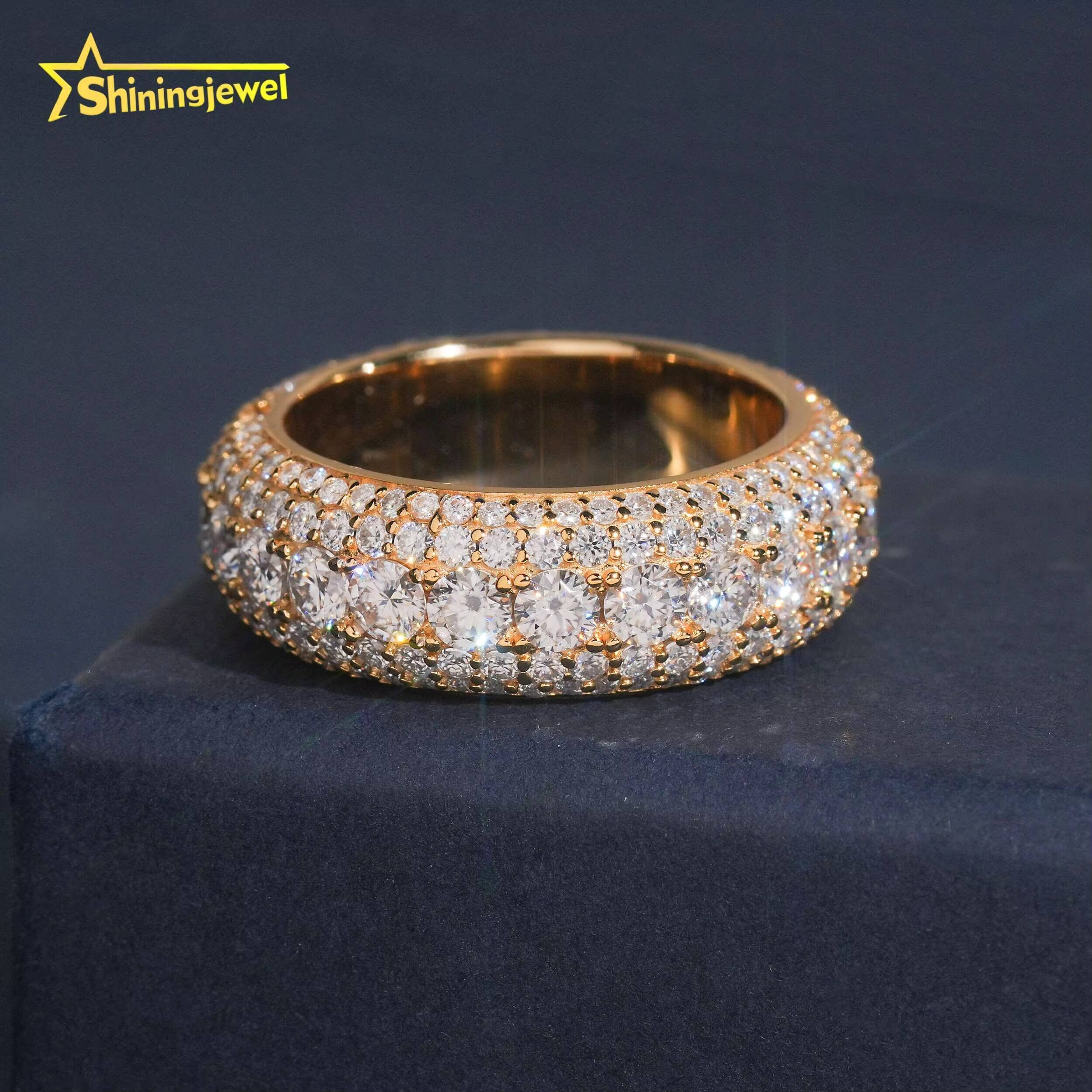 Fashion Gold Plated 5Rows Diamond Men Ring Iced Out Custom Hip Hop Style Jewelry 925 Sterling Silver VVS Moissanite Band Rings