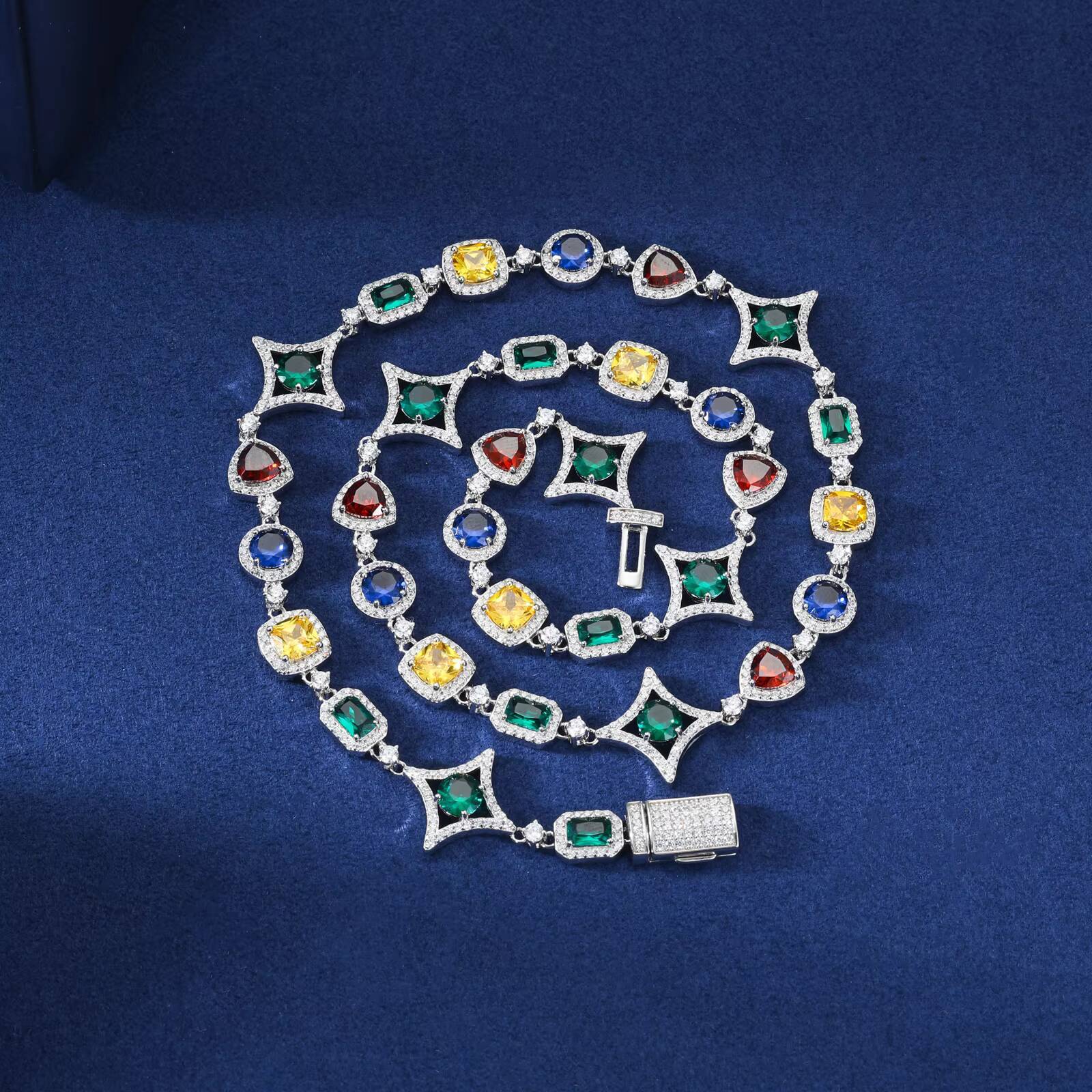 Fashion Mens Street Style Jewelry 925 Sterling Silver VVS Moissanite Diamond Mixed Color Gemstone Geometric Link Chain Necklace