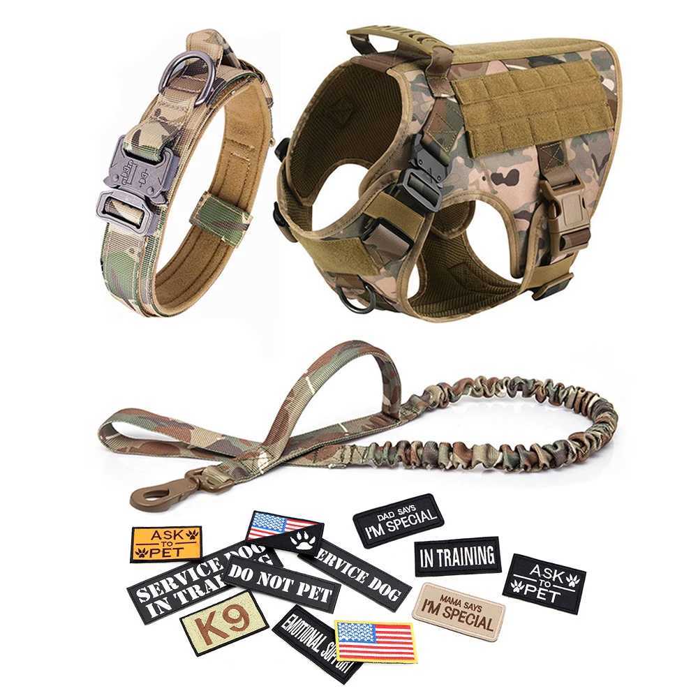 Dog Harness Leash Collar Patches Set for Medium Large Dogs Military Pet Vest Adjustable Tactical Dog Harnesses Training Walking C251031