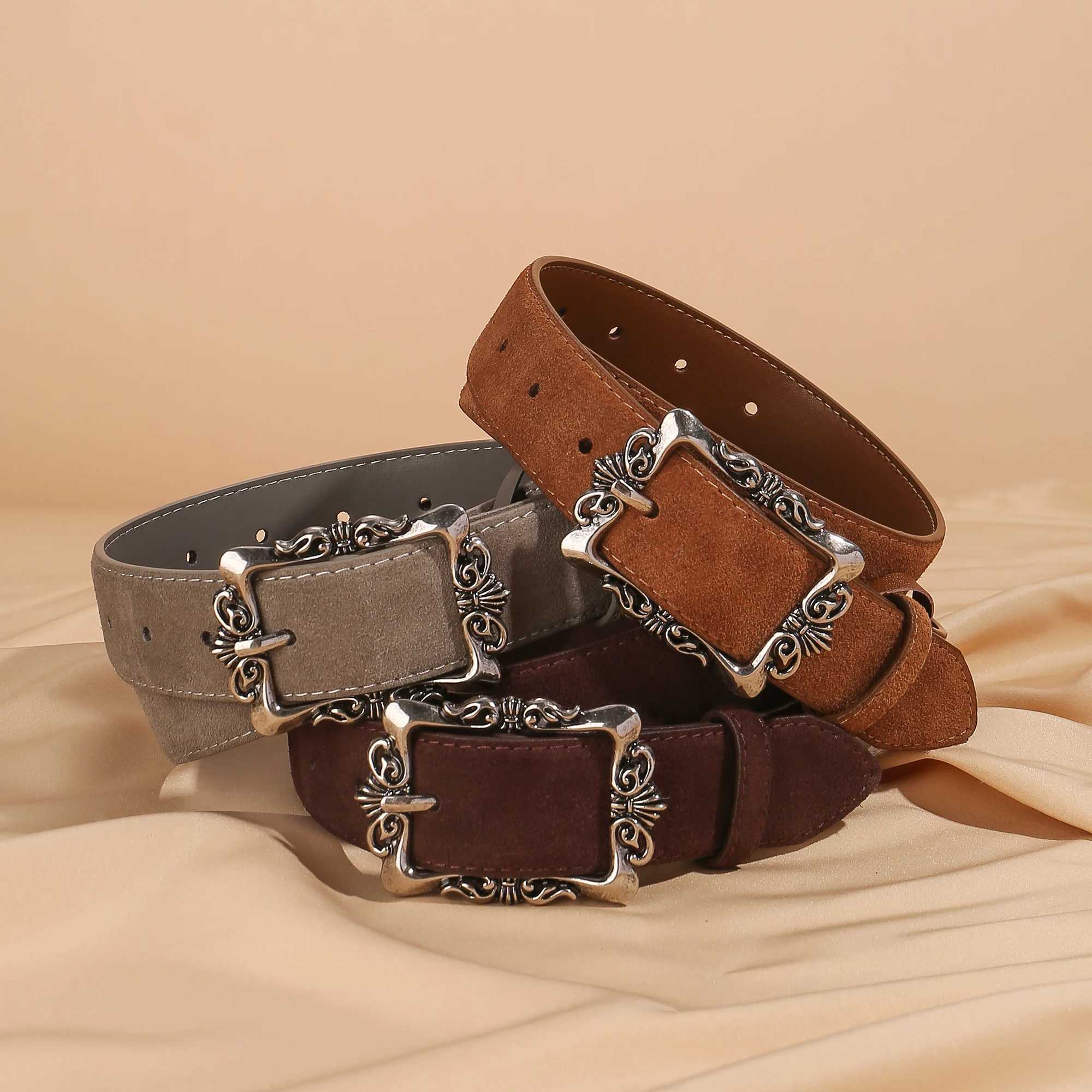 Suede Leather Belt for Women Burgundy Leather With Sliver Alloy Buckle Luxury Casual Fashion Belts for Jeans Dresses and CoatsW251030