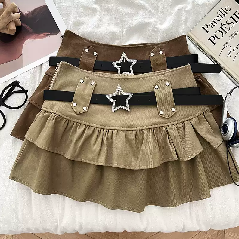 Women's Double-Layer Mini Skirt with Star Belt, High-Waisted Short Skirt, Slimming & Heightening, Y2K Style Ruffled Skirt for Women-NO06