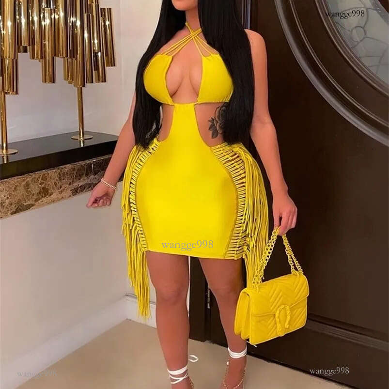 Kliou Tassel Hollow Out Mini Dress Women Sexy Halter Sleeveless Cleavage Backless Lace Up Sheath Skirt Party Clubwear Lady mujer 226014