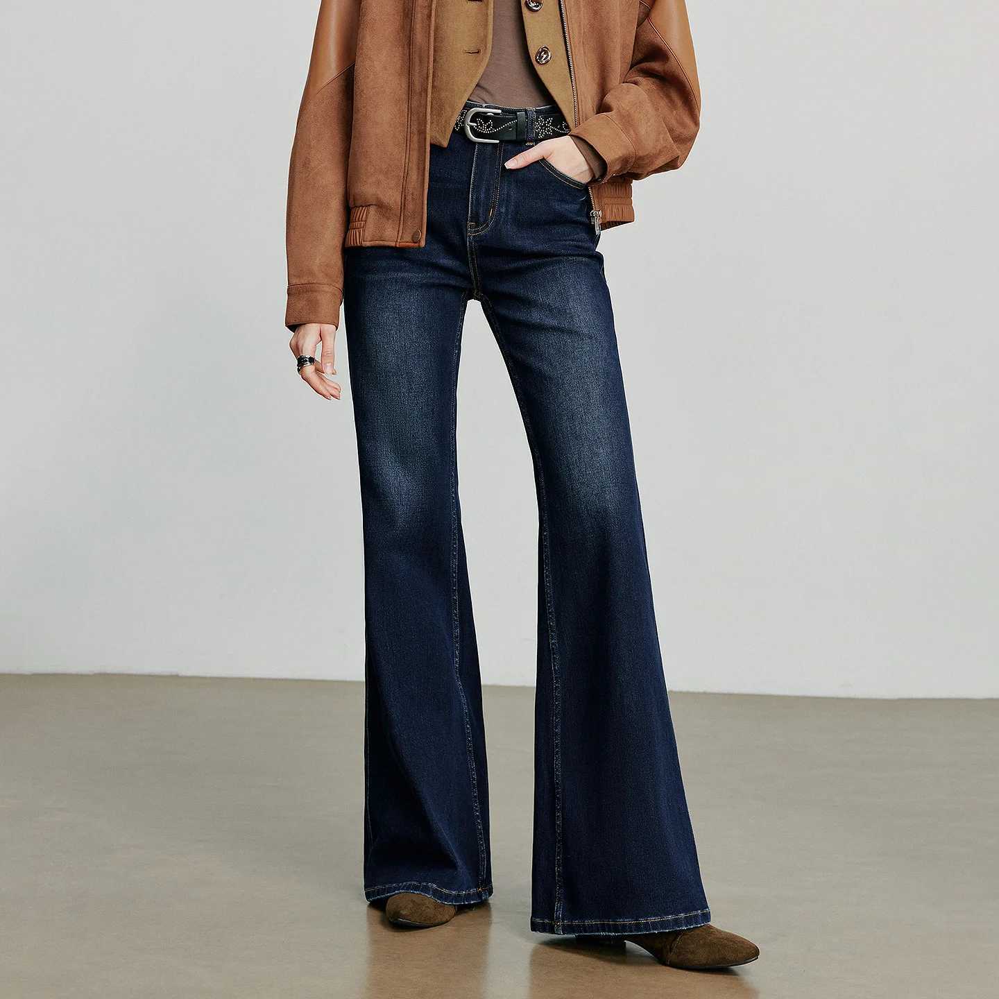 TOYOUTH Women Denim jeans 2025 Autumn New Lycra Stretch Mid Waist Cotton Flares Pants J251031