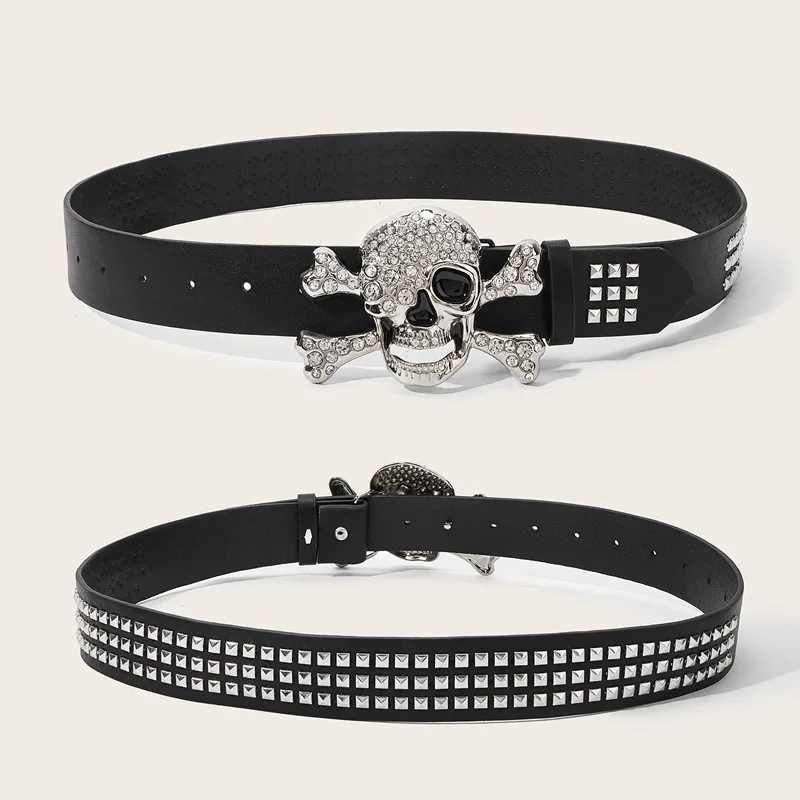 Silver Skull Buckle Womens Belt Hip Hop Punk Y2k Girls Black Pu Pin Buckle Girdle Goth Retro Jeans Accessories Rivet WaistbandW251030