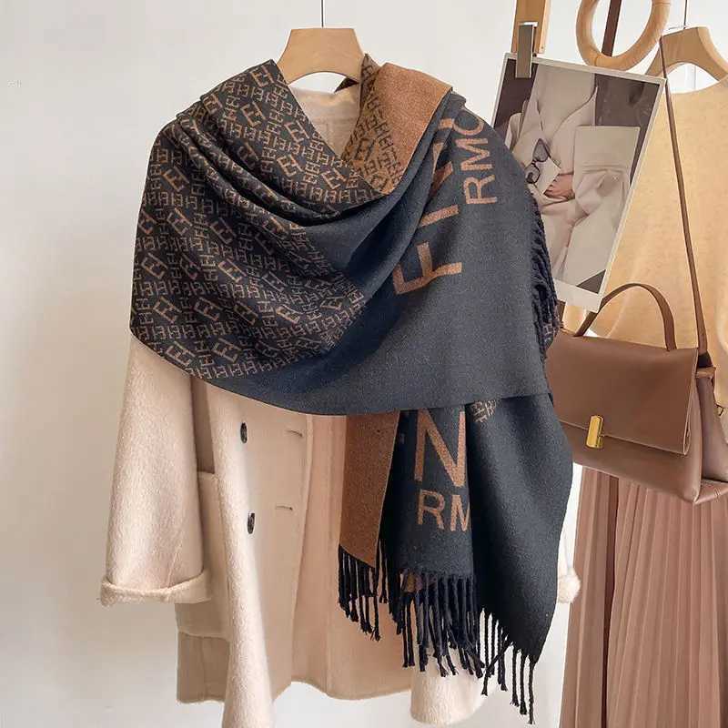 Acrylic Winter Warm Scarf for Women Thick Soft Faux Cashmere Shawl Warm Long Neck Wrap Letter Print Stylish Versatile Scarves C251031