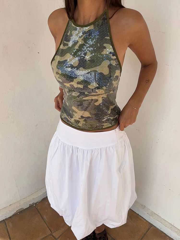 Weird Puss Camouflage Sequins Camisole Women Halter LaceUp Backless Slveless Sexy Strt Midnight Daily Summer Trend Tops C251031