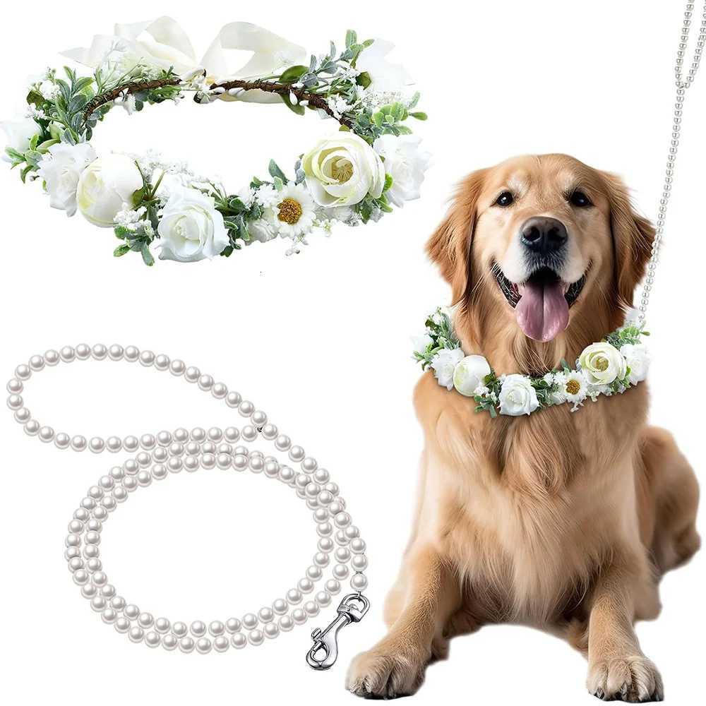Dog Flower Collar and Leash Set for Large Dogs Pearls Beaded Dog Leash Collar Bows for Wedding Attire Wreath Pet Photo Prop C251031