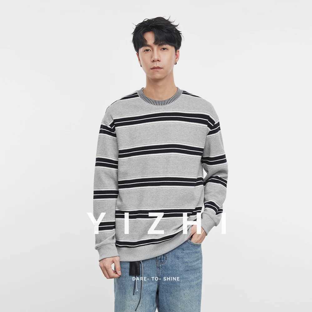 Fashion Mens Heavy Round Neck Striped Long Sleeve Sweatshirt 2025 Autumn and Winter Casual Loose Long Sleeve Top Mens Pullover J251021