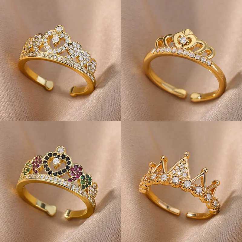 Zircon Crown Rings For Women Stainless Steel Gold Color Vintage Crown Open Ring Wedding Aesthetic Jewelry Gift bijoux femmeXJ251031