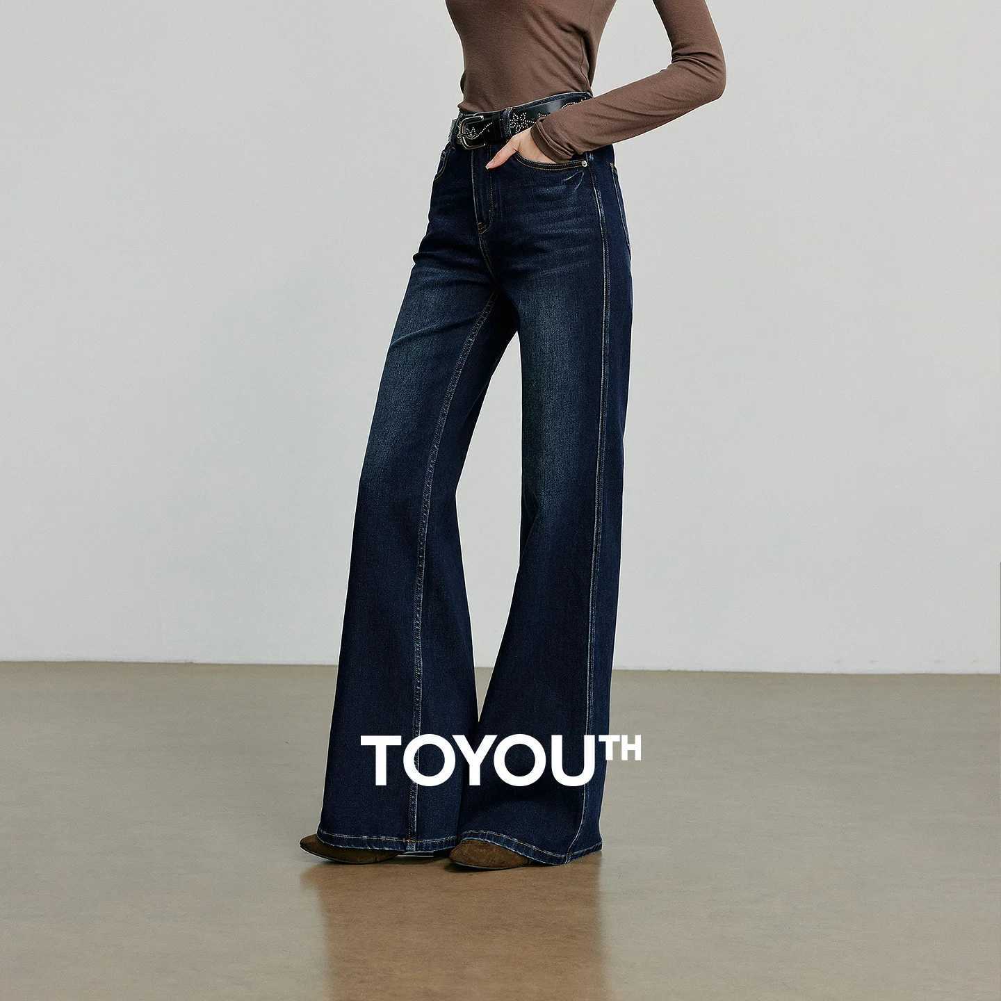 TOYOUTH Women Denim jeans 2025 Autumn New Lycra Stretch Mid Waist Cotton Flares Pants J251031