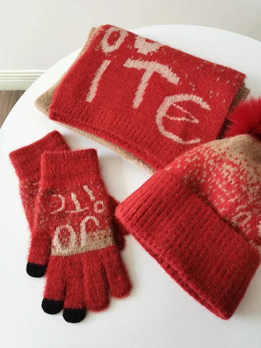3pcs Winter Knitted Scarf Gloves for Women Fleece Lined Hat Set Comfortable Soft Casual Warm Red Glove Set Outdoor Windproof Set C251031