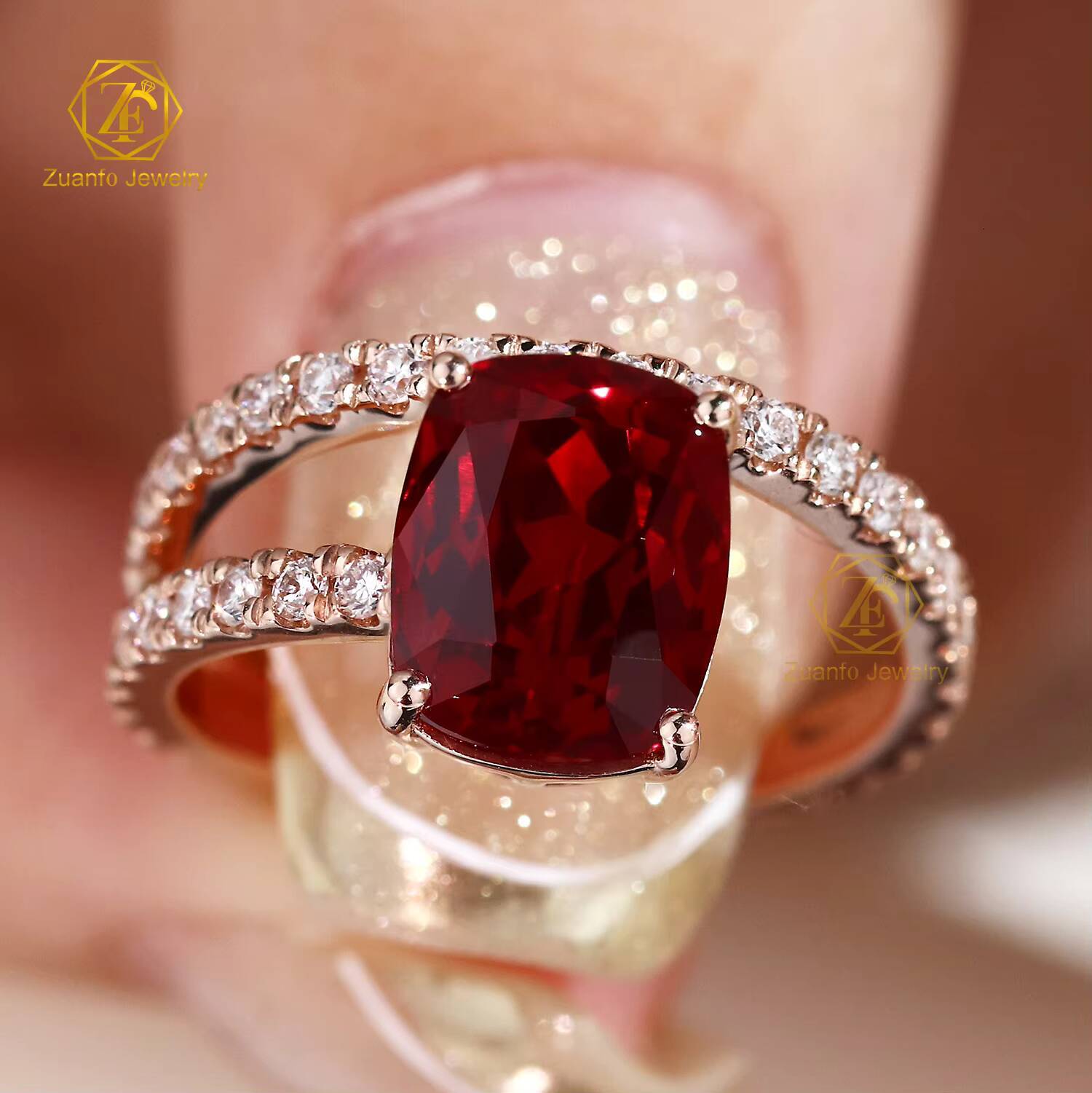 Luxury Custom 18K Solid Gold 3 CT 7x9mm Long Cushion Cut Lab Grown Ruby Wedding Engagement Ring for Women New Moissanite Rings