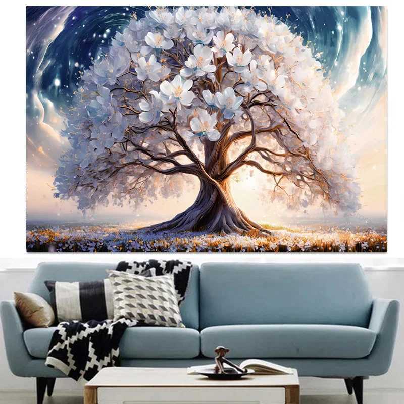 Blooming Tree With Whit Flowers Artistic Canvas PaintingAbstract Wall Art Poster Home Decor Print PictureRoom DecorUnframed C251031
