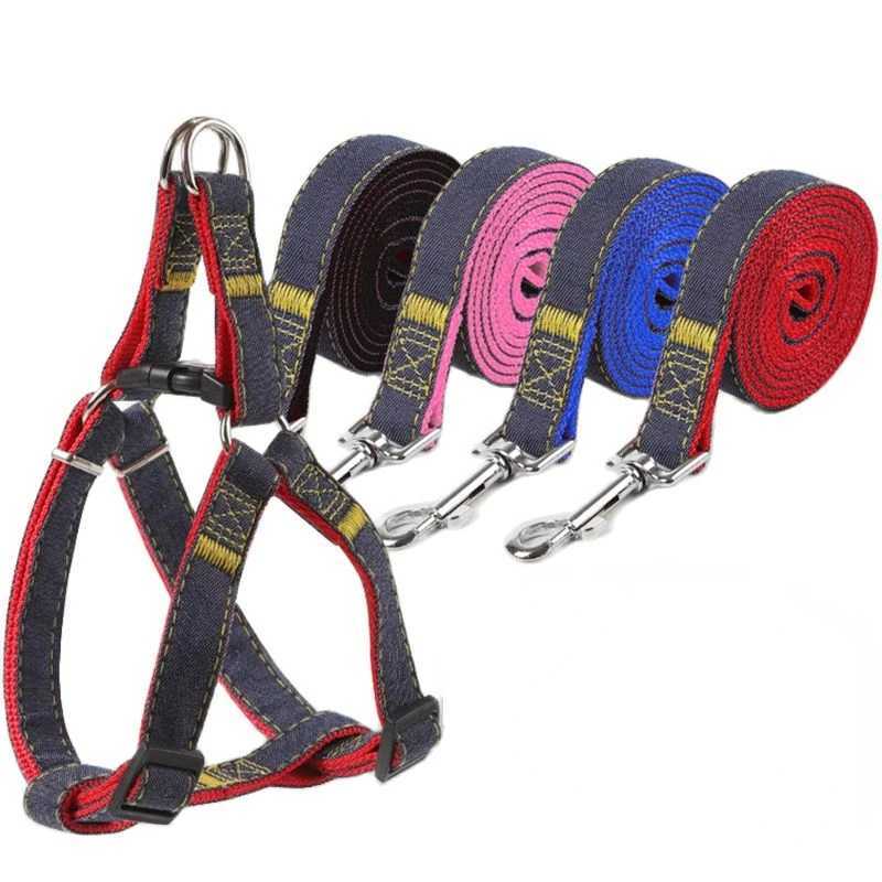 Dog Leash Harness Adjustable Collar Set Denim Pet Lead Vest for Small Medium Large Dogs Pet Cat Lead for Walking Training C251031