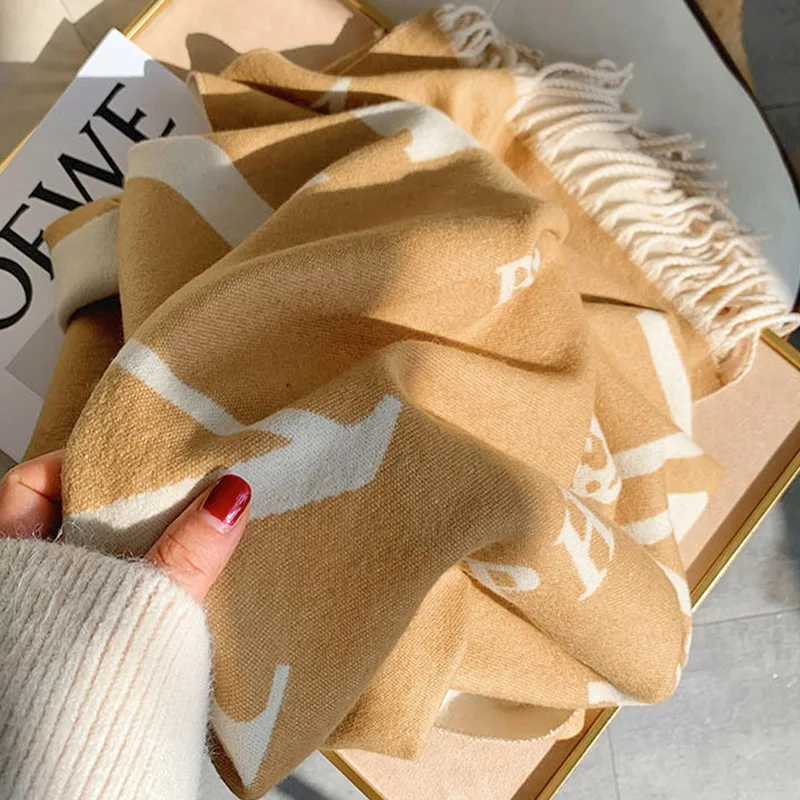 Winter Cashmere Scarf for Women Letter Print Warm Shawl Khaki Windproof Cape Handerchief Windproof Design Female Scarf C251031