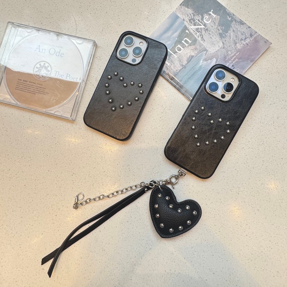 Leather Rivet Round Bead Heart Phone Case Compatible with iPhone 17/16P Personalized Heart Pendant iPhone 15/14
