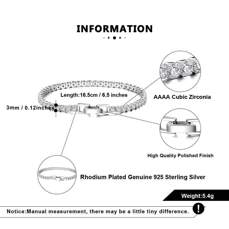 RINNTIN SB92 Fine Jewelry 925 Sterling Silver Bracelet CZ Crystal 3mm Width Cubic Zirconia Tennis Bracelet for Women