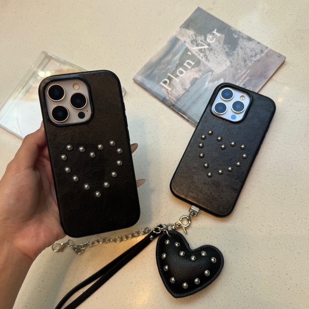 Leather Rivet Round Bead Heart Phone Case Compatible with iPhone 17/16P Personalized Heart Pendant iPhone 15/14