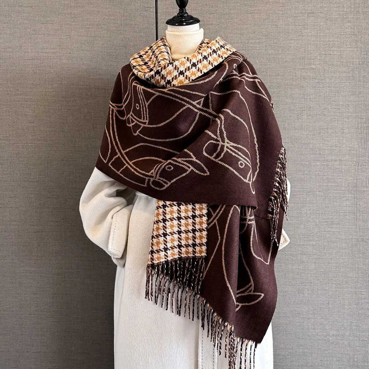 Long Tassels Winter Cashmere Scarf Women Luxury Horse Print Female Shawl Wrap Scarves Lady Thick Warm Blanket Echarpe C251031