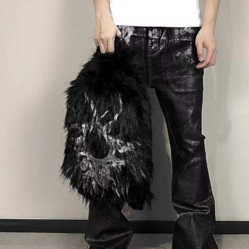 Vintage Print Fluffy Backpack Personality Y2k Aesthetic Fashion Schoolbags Women Casual Harajuku Streetwear All Match Backpacks W251031