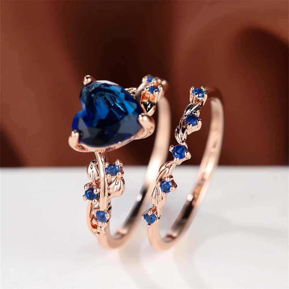 Royal Blue Green Black Red Stone Heart Ring Sets For Women Rose Gold Color White Zircon Bridal Wedding Bands Mothers Day JewelryXJ251031