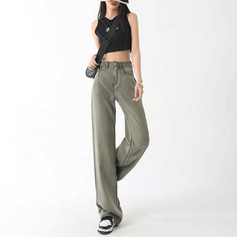Lyocell High Waisted Thin Jeans Women Clothing Straight Tube Wide Leg Denim Pants Retro Streetwear Jean Trousers Lengthening J251031