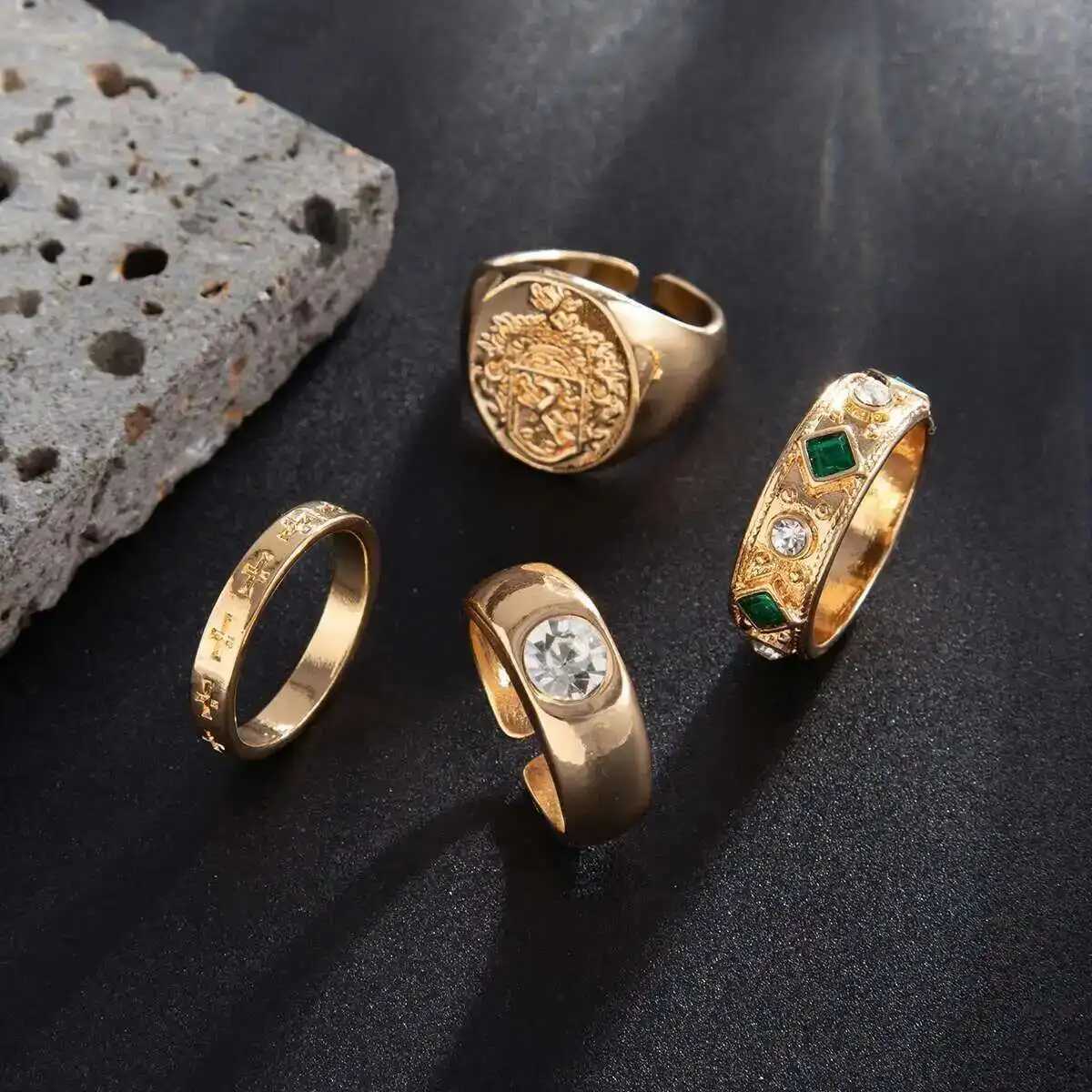 IngeSightZ 4PcsSet Rhinestone Open Adjustable Rings Finger Men Punk Gold Color Geometric Finger Rings Jewelry Gifts 2025XJ251031