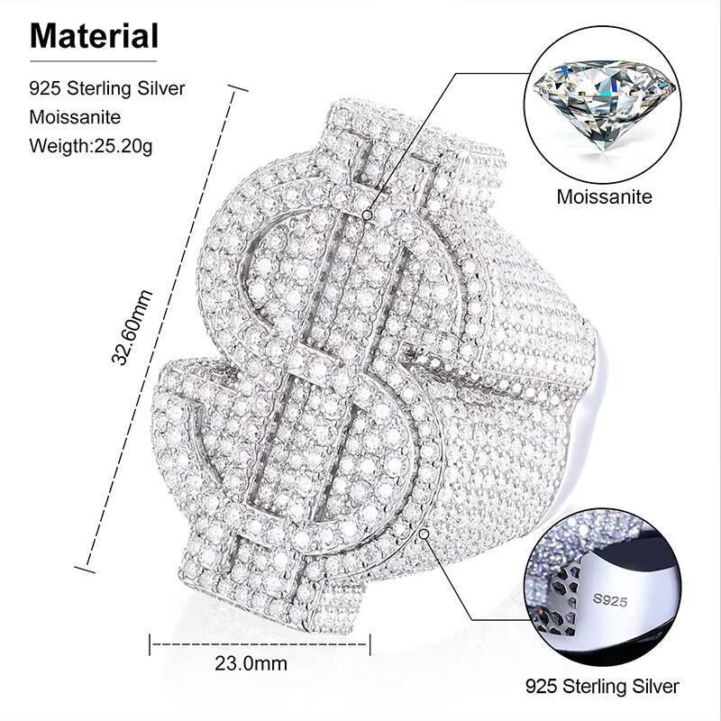 Hot Selling Hip Hop Jewelry White Gold 925 Sterling Silver Ring Gold Plated Vvs Moissani Ice Flower Dollar Ring