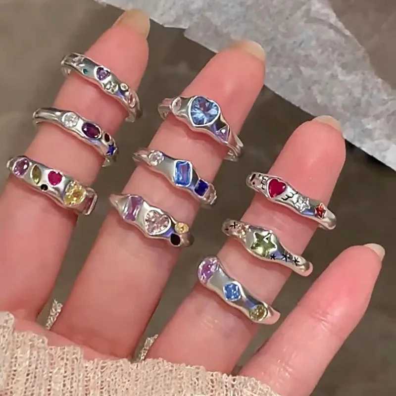Kpop Colorful Zircon Star Rings for Women Irregular Metal Ring Retro Index Finger Aesthetic Jewelry Hip Hop Girls AccessoriesXJ251031
