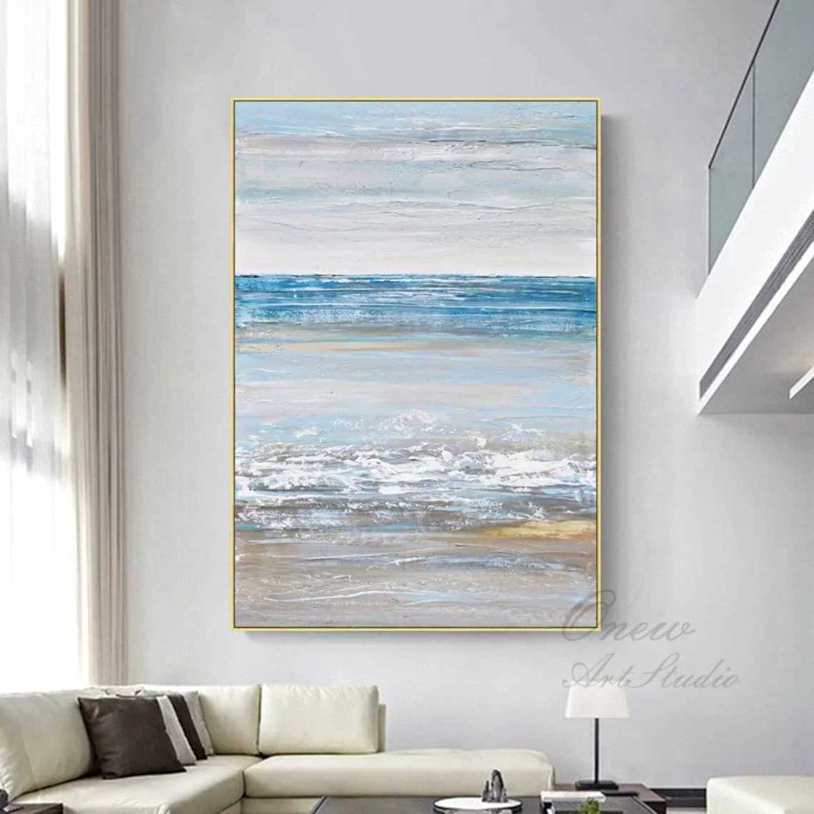 Large Sky And Ocean Abstract Canvas Art Beach Oil Painting Handmade Modern Coastal Wall Art Textured Seascape Acrylic Painting C251031