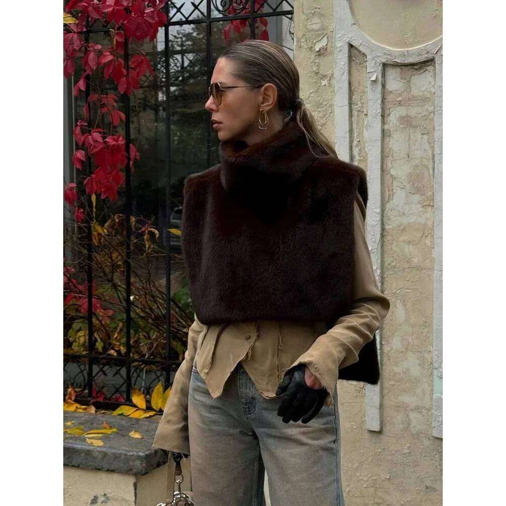 Fashion Faux Fur Vest Crop Top Women Elegant Solid Turtleneck Fluffy Short Tank Tops 2025 Winter Female Sleeveless Jacket Coat