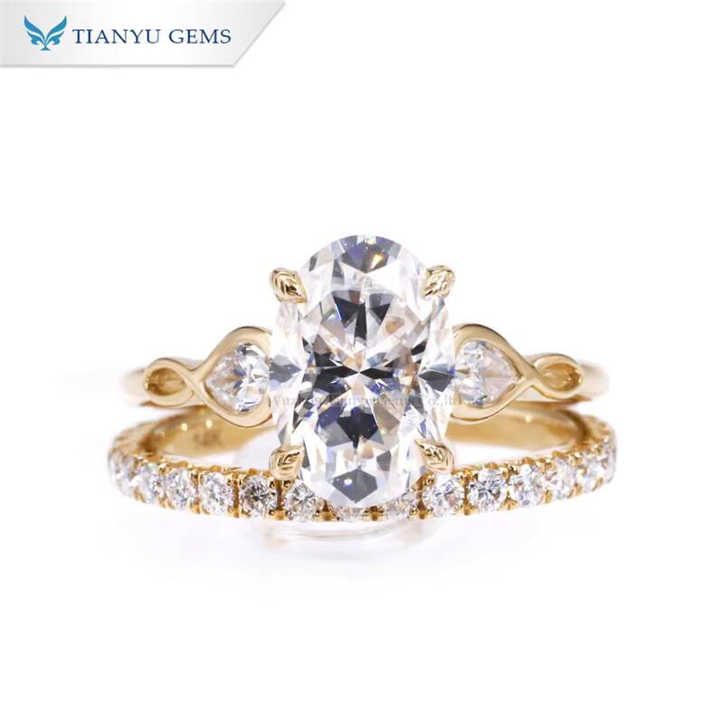 Tianyu Gems 14k Solid Yellow Gold 7511mm Oval Hearts and Arrows Cut Moissanite Diamond Ring Set for Women