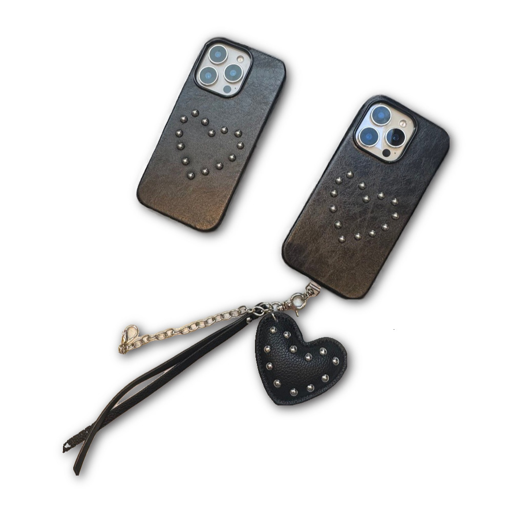 Leather Rivet Round Bead Heart Phone Case Compatible with iPhone 17/16P Personalized Heart Pendant iPhone 15/14
