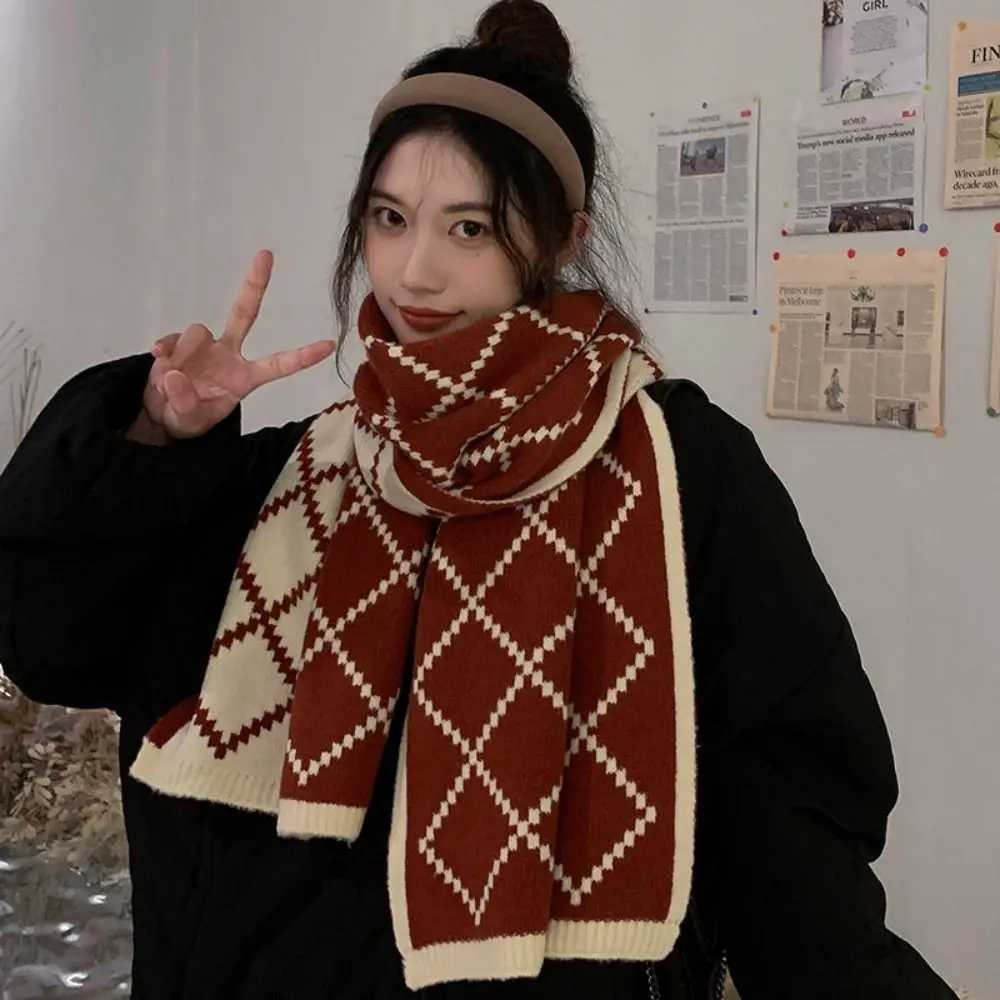 Vintage Plaid Knitted Scarf Vintage Wraps Thickened Neckerchief Winter Warm Women Scarf C251031