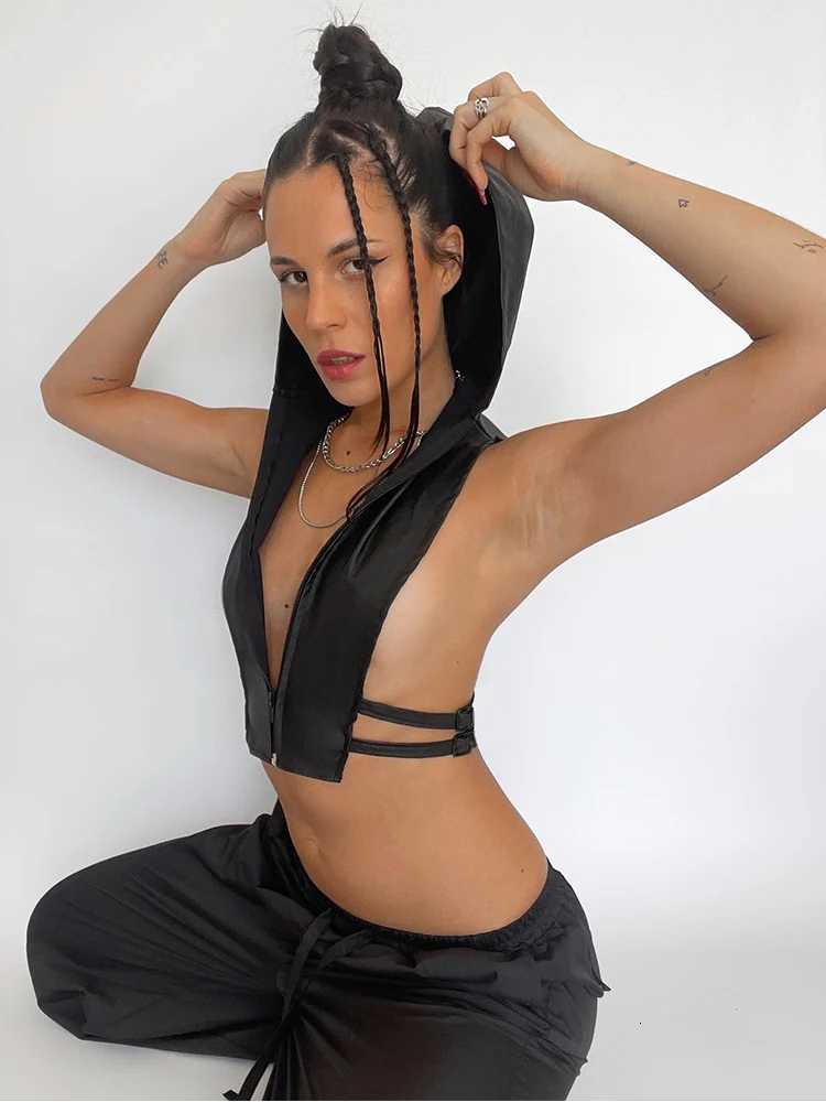 Weird Puss PU Hooded Tank Tops Women Y2K Side Split Sexy Hipster Zip Bandages Leather Hipster Strtwear Wild Basic Summer Vest C251031