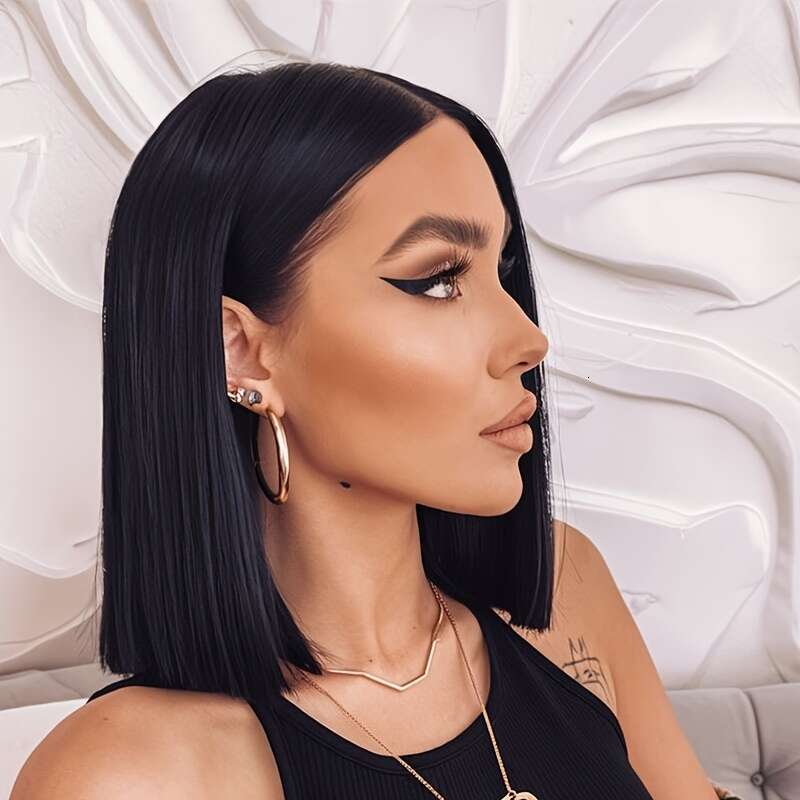 13X4x1 12/14/16 Inch Matte Black Bob With Bangs - Heat Resistant Synthetic Hair, 130% Density Straight Wig Women & Men, Natural Look For All Ethniciti