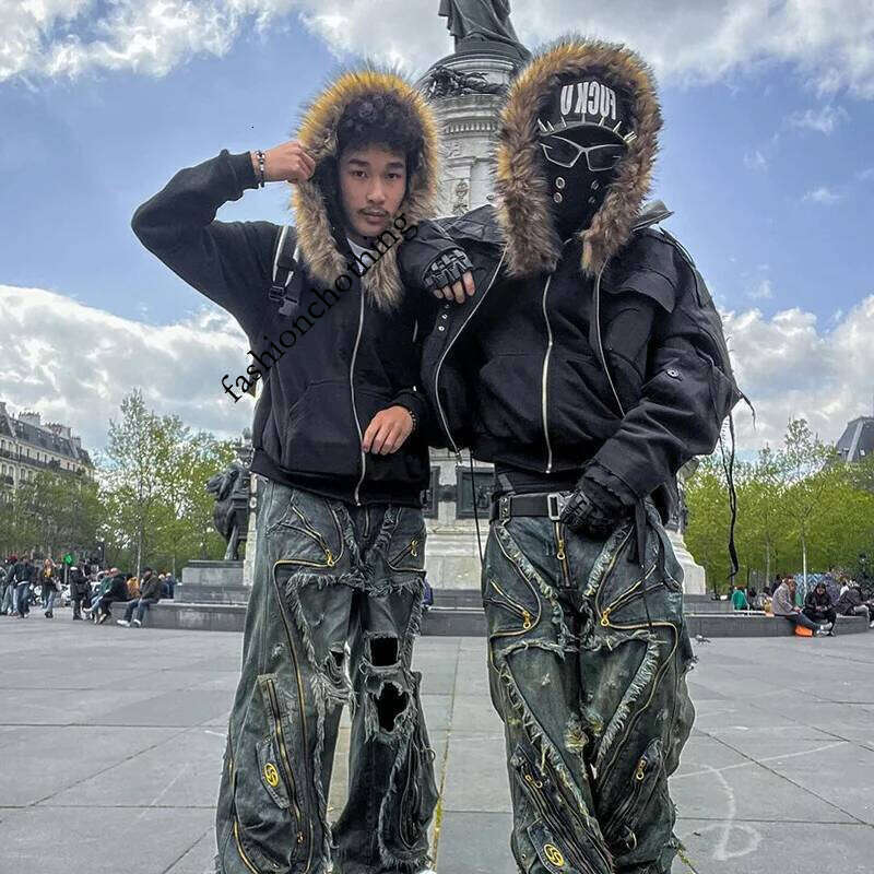 Casual Y2K Zip up hoodie Faur collar Haruku Streetwear Hiphop Zipper Hoodie sweatshirt Vintage Rock Goth Loose Punk EMO Jacket