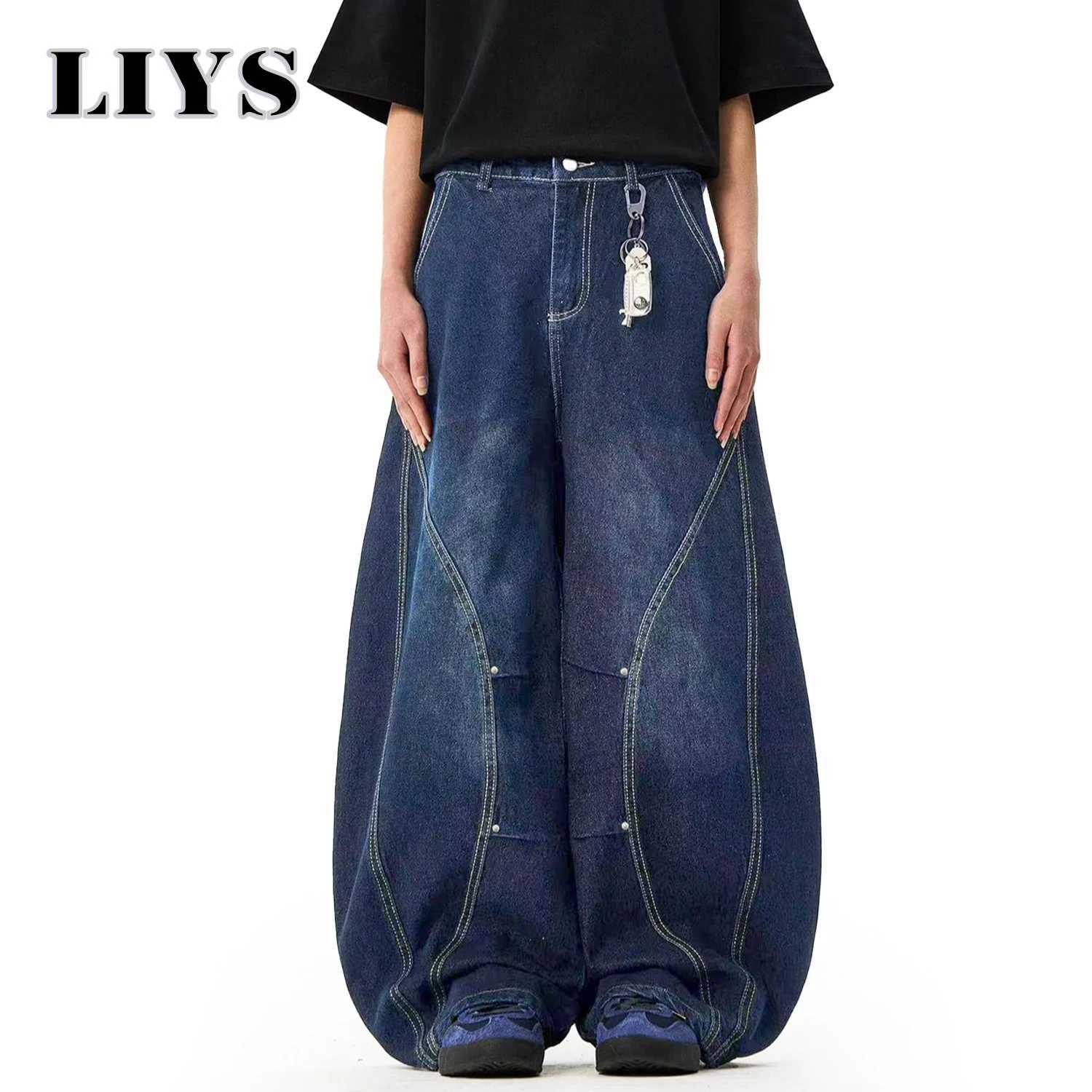 Mens American Retro Blue Loose Machete Wide Leg Jeans Unisex Baggy Straight Leg Sickle Denim Pants Deconstructed Balloon Pants J2510301