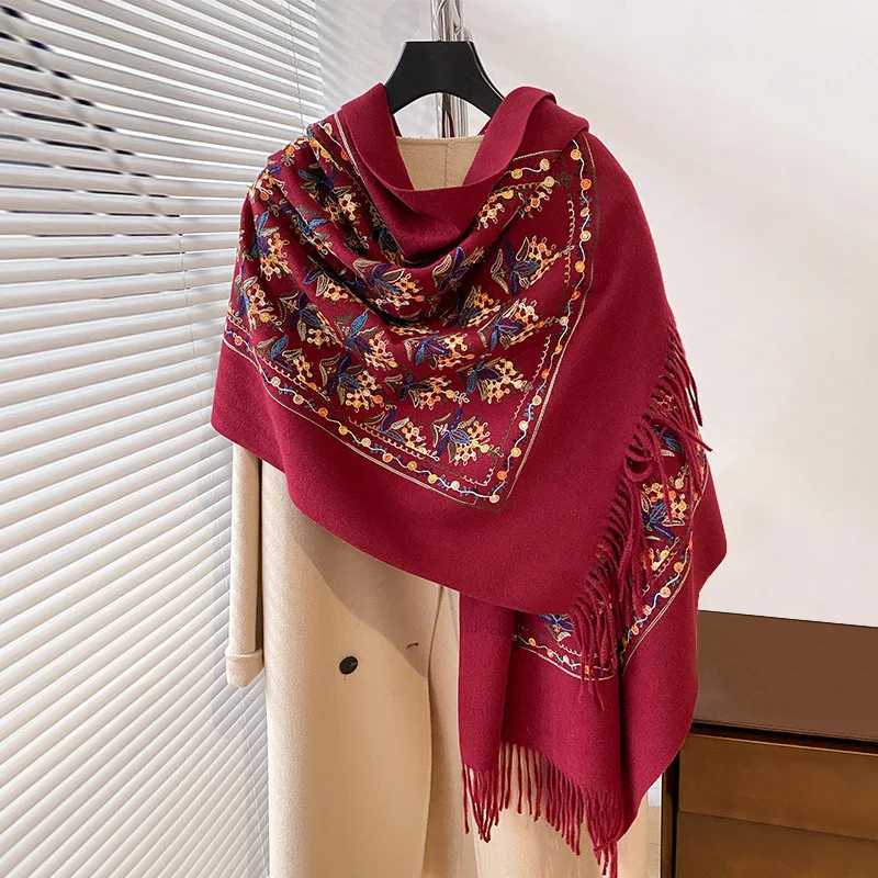 Winter Warm Cashmere Scarf for Women Floral Embroidery Blanket Thick Shawl Wrap Neckerchief Elegant Poncho Bufanda C251031