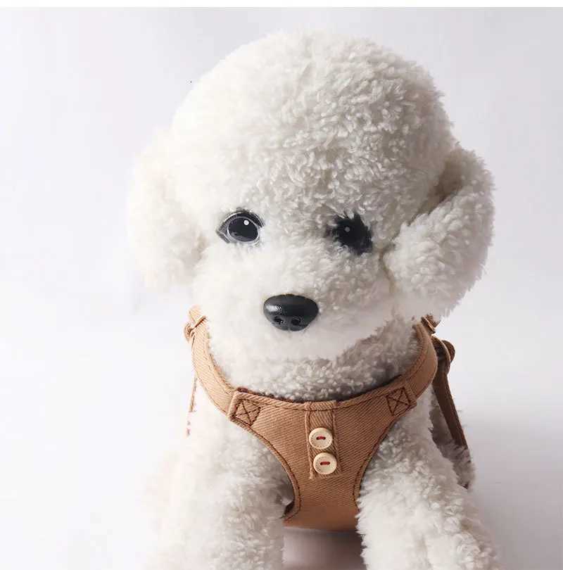 Cotton Denim Dog Harness Pet Leash Set Adjustable Breathable Chest Harness with Decorative Snaps for Small Breeds C251031