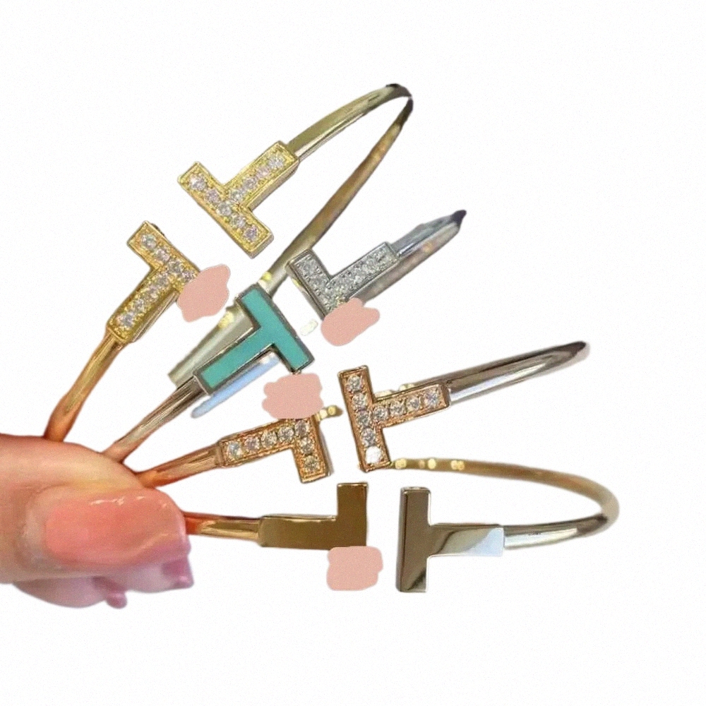 luxury Diamond Elastic Open Bangle Letter T Bracelet, Double T-shaped 18K gold-plated Bracelet Hypoallergenic Fashion Bangles q9OO#